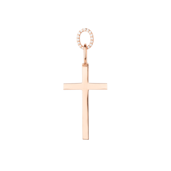 Vorderansicht von ANNA Anhänger TOMMY mit Kreuz Symbol und weißen Diamanten in 18 KT Roségold