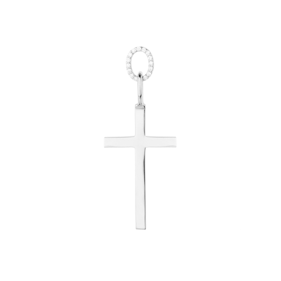 Vorderansicht von ANNA Anhänger TOMMY mit Kreuz Symbol und weißen Diamanten in 925 Sterling Silber