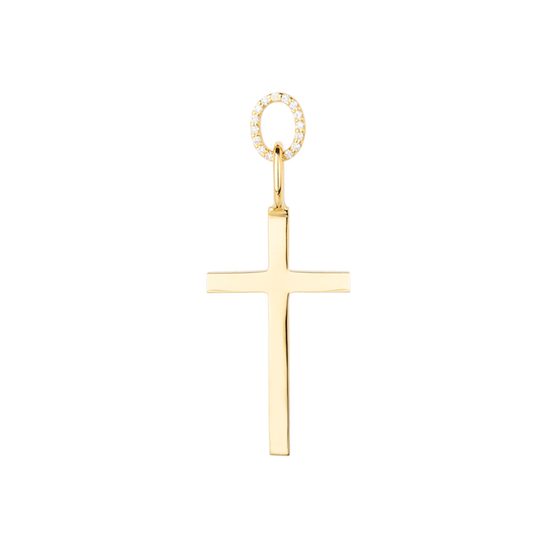 Vorderansicht von ANNA Anhänger TOMMY mit Kreuz Symbol und weißen Diamanten in 18 KT Gelbgold