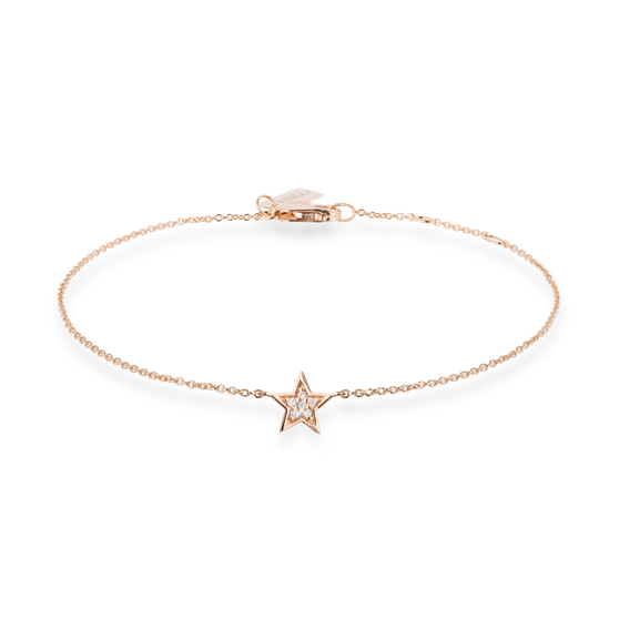 Vorderansicht von zarter Armkette in 18 KT Roségold mit einem Anhänger in Form eines Sternes mit Diamanten besetzt