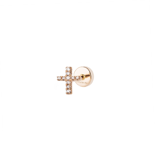 Piercing Ohrstecker CROSS mit weißen Diamanten in 18 KT Roségold in Kreuzform Seitenansicht
