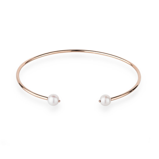 Armreif WAVE in Roségold mit zwei weißen Akoya Perlen in Vorderansicht