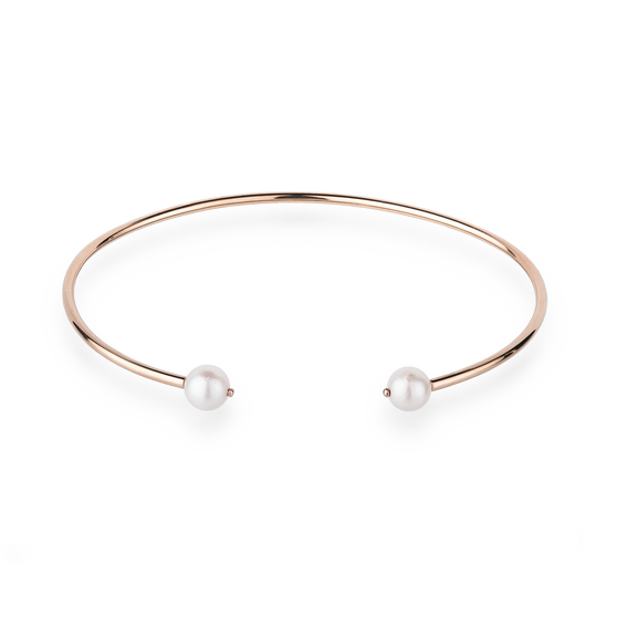 Armreif WAVE in Roségold mit zwei weißen Akoya Perlen in Vorderansicht