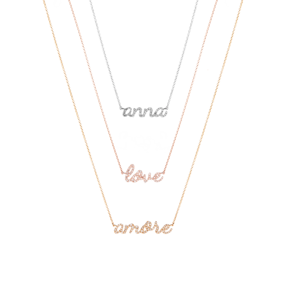 Halsketten in Roségold, Weißgold und Gelbgold mit persönlicher Schrift oder Namen, mit weißen Diamanten 