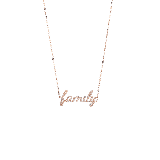Roségoldene Halskette mit weißen Diamanten und mit Schriftzug Family