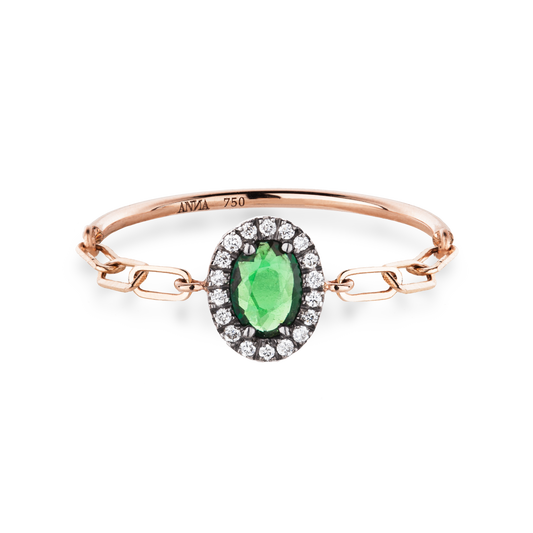 Freisteller Ring ELYSE mit großem grünen Tsavorit und weißen Diamanten aus Roségold Vorderansicht